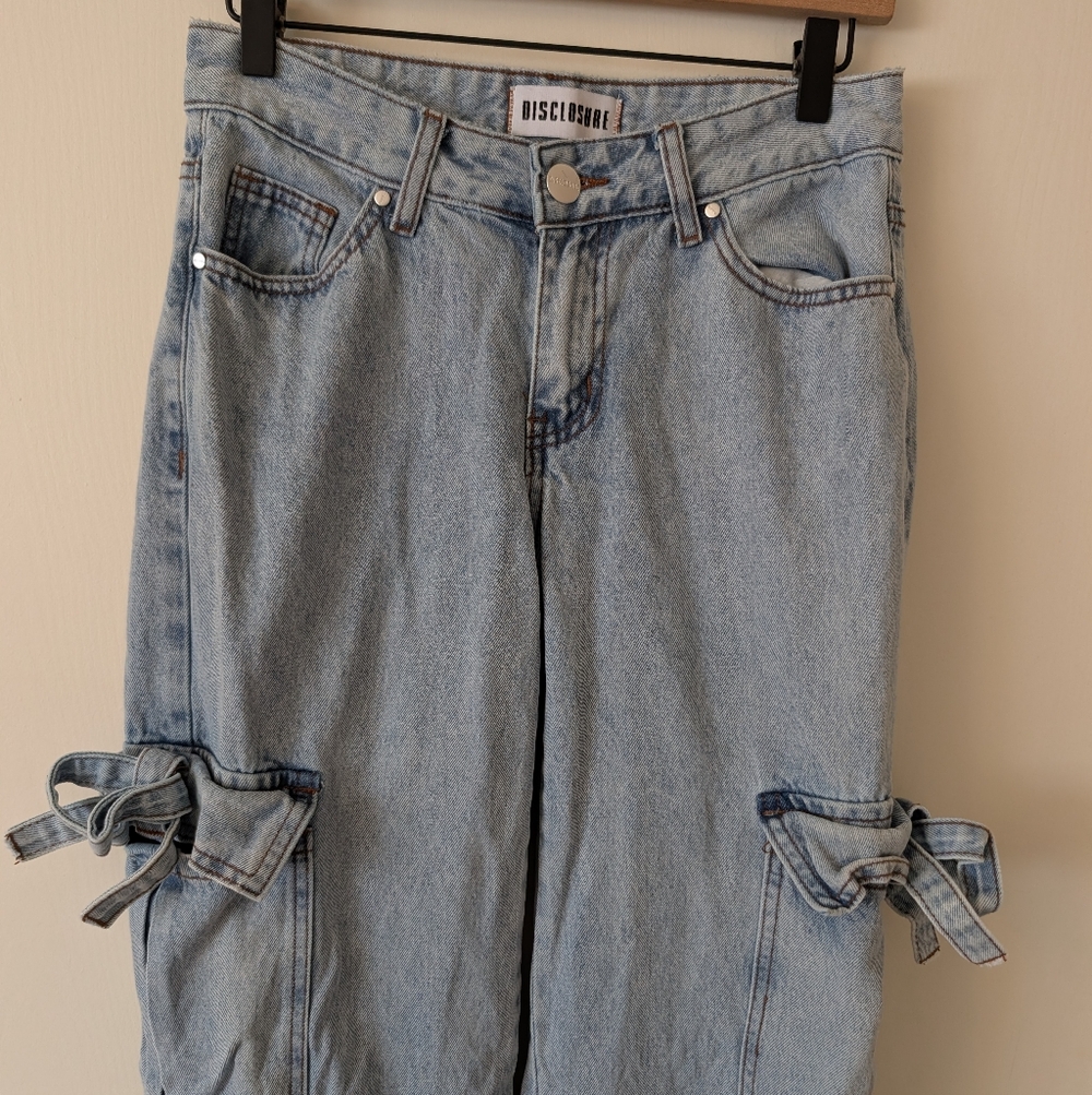 Disclosure Womens 28 Bow Cargo Denim Jeans Coquette Cottage Bohemian Feminine - Picture 3 of 8